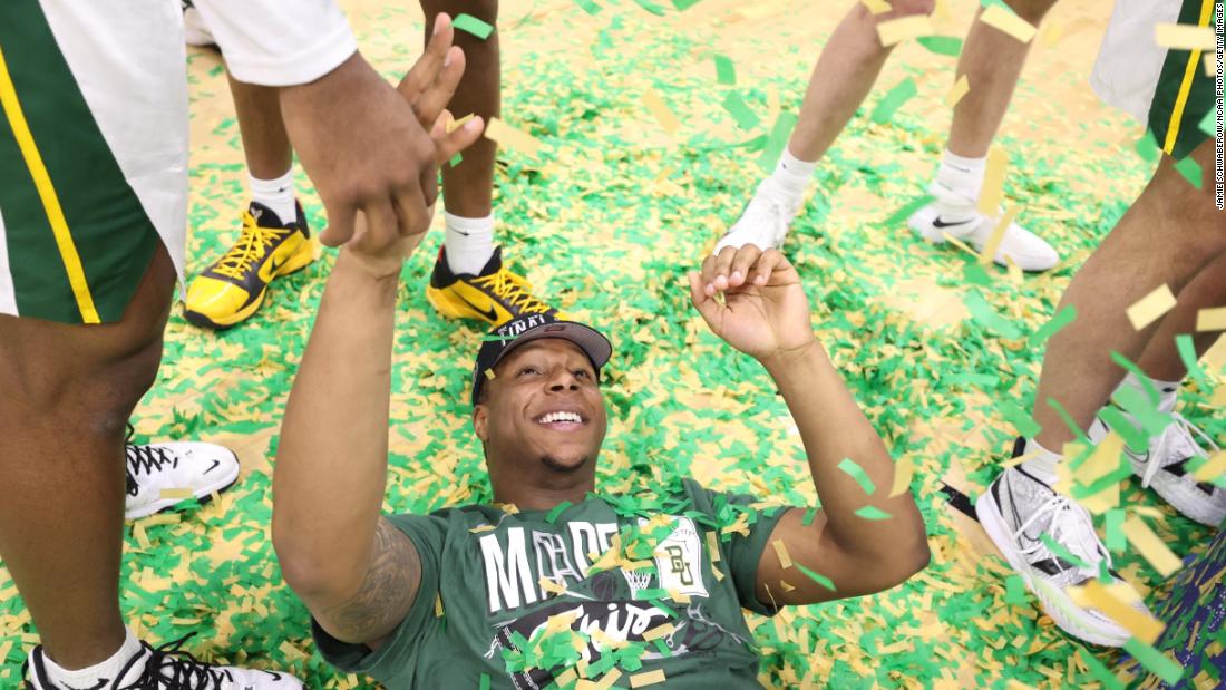 Baylor&#39;s Mark Vital enjoys the postgame confetti after the Bears defeated Arkansas to advance to the Final Four. It&#39;s Baylor&#39;s first trip to the Final Four since 1950.