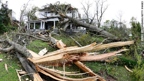 A tornado damaged a home in the historic district of Newnan, Georgia on March 26, 2021.