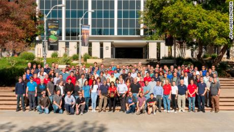 The Mars helicopter team is seen outside of NASA&#39;s Jet Propulsion Laboratory on December 3, 2018. 