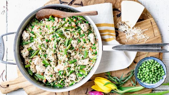 One Pot Chicken and Rice With Spring Veggies by Katie Webster