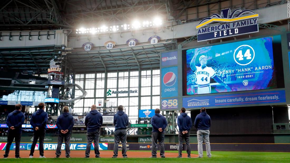 The late &lt;a href=&quot;http://www.cnn.com/2021/01/22/us/gallery/hank-aaron/index.html&quot; target=&quot;_blank&quot;&gt;Hank Aaron&lt;/a&gt; was honored before the home opener in Milwaukee. Aaron, the longtime home run king and one of the greatest players of all time, died in January.