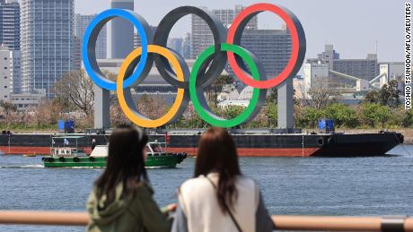 Olympic rings are displayed at Tokyo&#39;s waterfront Daiba in anticipation for the summer games.