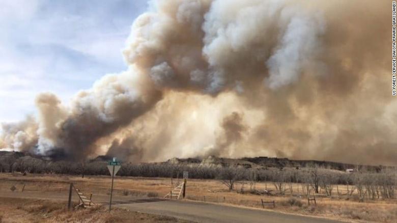 Wildfires burn near the town of Medora, North Dakota.