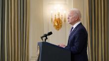 US President Joe Biden speaks about the March jobs report in the State Dining Room of the White House in Washington, DC, on April 2, 2021. - The US economy regained a massive 916,000 jobs in March, the biggest increase since August, with nearly a third of the increase in the hard-hit leisure and hospitality sector, the Labor Department reported on April 2, 2021.