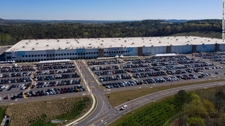 An aerial image shows the Amazon.com, Inc. BHM1 fulfillment center on March 29, 2021 in Bessemer, Alabama.