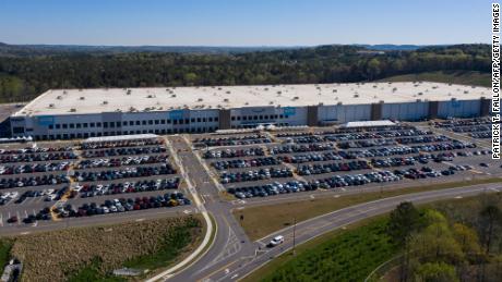 An aerial image shows the Amazon.com, Inc. BHM1 fulfillment center on March 29, 2021 in Bessemer, Alabama.