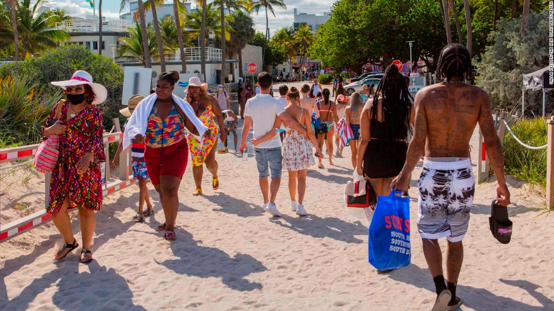 Beachgoers are seen in Miami on March 22.&lt;a href=&quot;https://www.cnn.com/2021/03/22/us/miami-beach-state-of-emergency/index.html&quot; target=&quot;_blank&quot;&gt; Miami Beach was forced to extend a curfew and state of emergency,&lt;/a&gt; possibly for several weeks, after city police struggled to control shoulder-to-shoulder crowds of spring breakers over the weekend, Mayor Dan Gelber said.