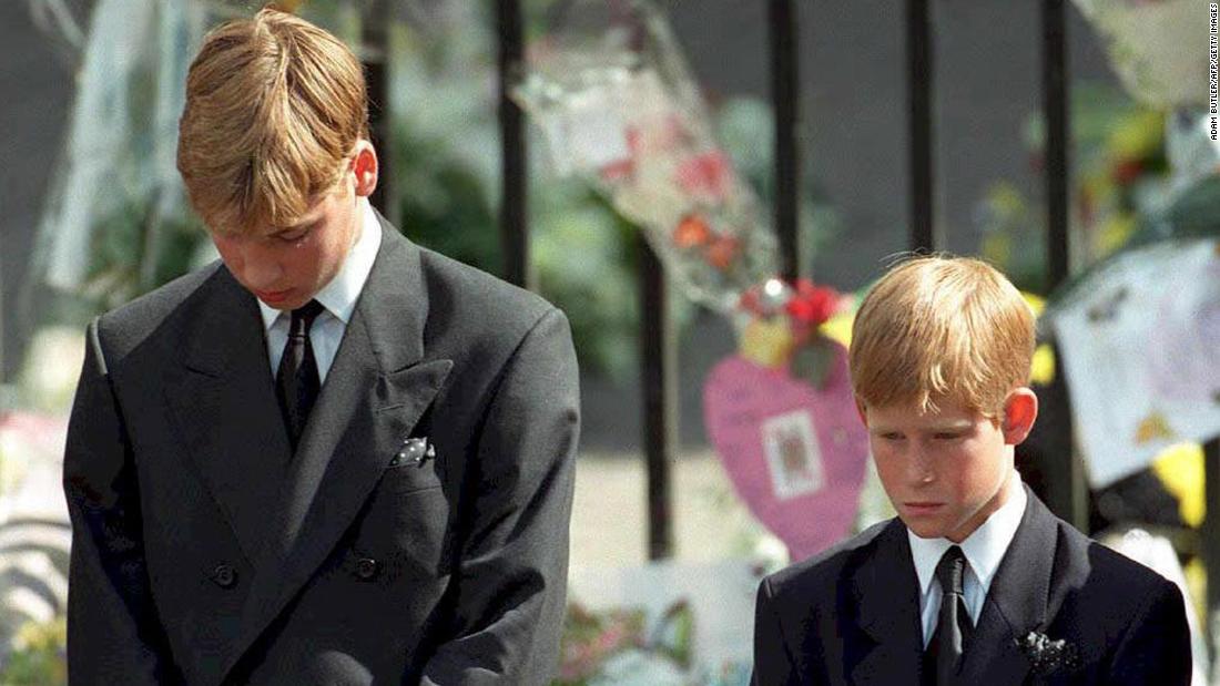 Prince William and his brother bow their heads after their mother&#39;s funeral at Westminster Abbey in 1997. Princess Diana died in a car crash in Paris. William was 15 at the time, and Harry was 12.
