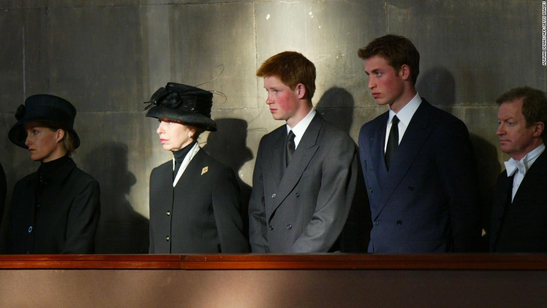 Members of the royal family stand vigil besides the Queen Mother&#39;s coffin in 2002. Prince William, right, stands alongside Prince Harry, Princess Anne and Sophie of Wessex.
