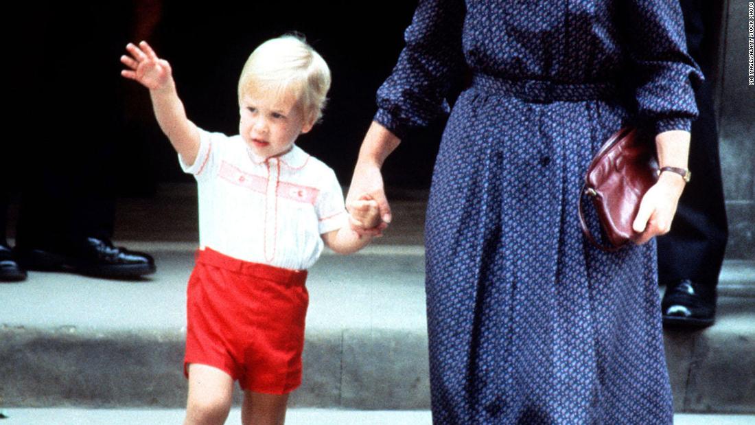 William is accompanied by nanny Barbara Barnes as he leaves St. Mary&#39;s Hospital in London in 1984. He was visiting his mother and his newborn brother, Prince Harry.