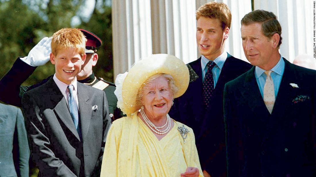 Britain&#39;s Queen Mother joins Prince Charles and his sons during an occasion marking her 99th birthday in 1999.
