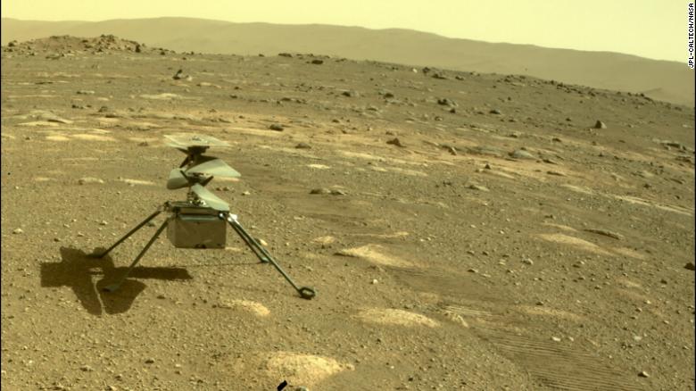 The Ingenuity helicopter can be seen on Mars as viewed by the Perseverance rover on April 4.