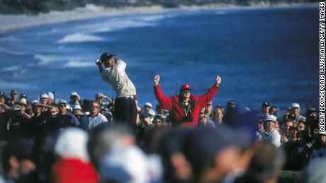 Woods&#39; tee shot on the 14th hole at Pebble Beach golf course during the U.S. Open.
