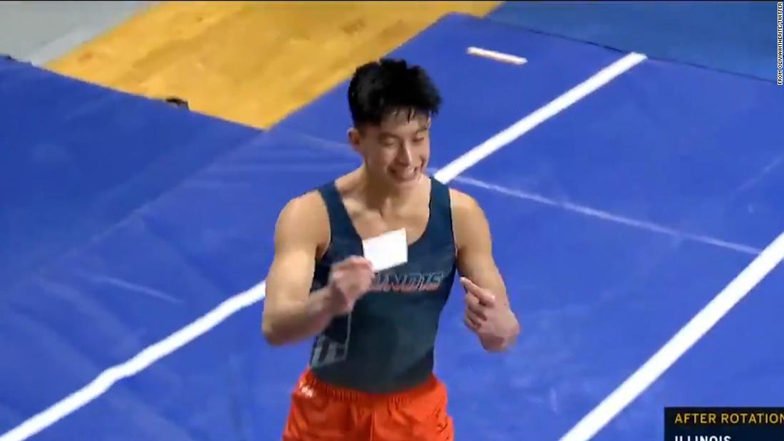 Illinois gymnast shows off Covid-19 vaccination card after sticking the landing
