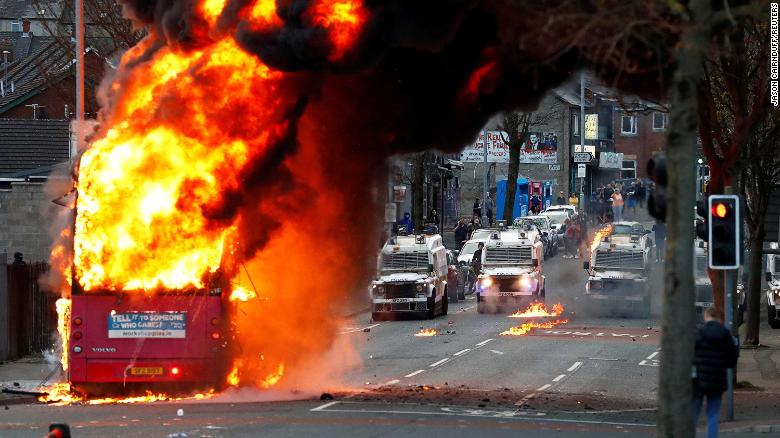 Bus torched as Northern Ireland violence continues