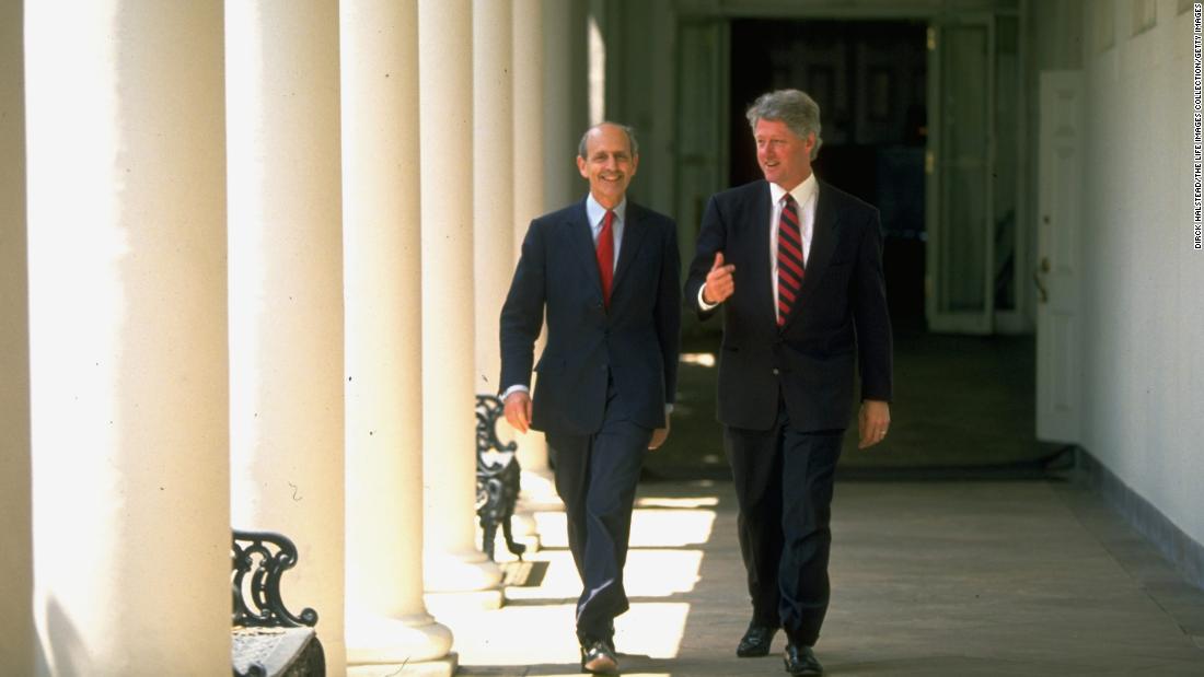 Breyer walks with President Bill Clinton at the White House in May 1994. Breyer was chosen by Clinton to replace retiring Justice Harry Blackmun.