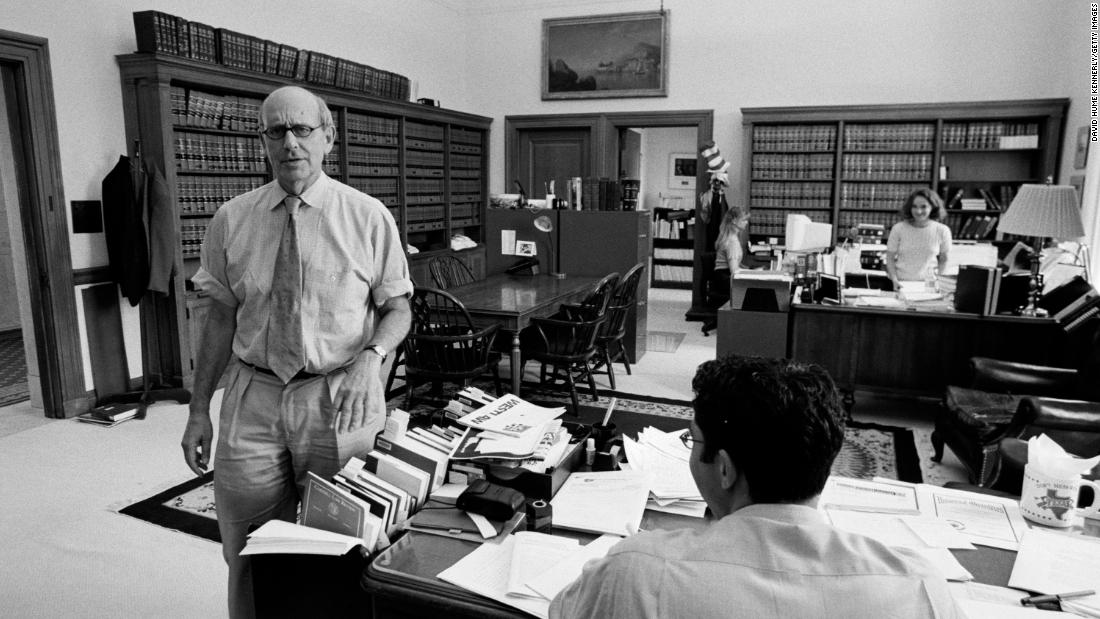Breyer works in his office with his staff of clerks in June 2002.