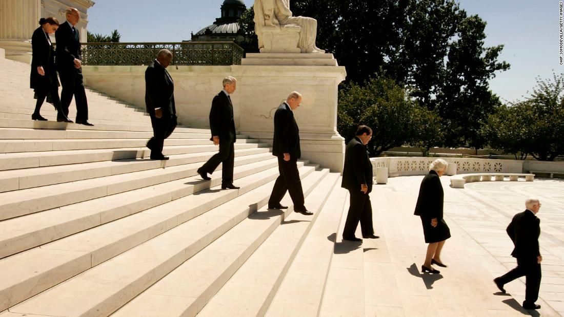 Breyer and his fellow Supreme Court justices file out of the court building to attend the funeral of former Chief Justice William Rehnquist in September 2005. From left are justices Ruth Bader Ginsburg, Breyer, Clarence Thomas, David Souter, William Kennedy, Antonin Scalia, Sandra Day O&#39;Connor and John Paul Stevens.