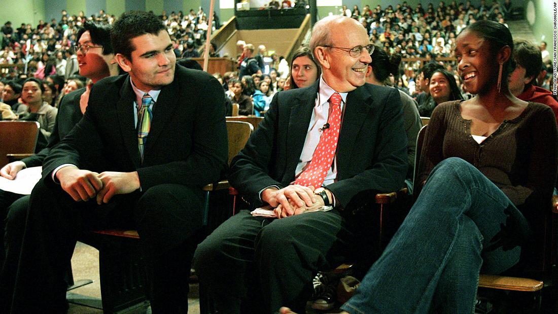 Breyer is seated between students Cole Mitguard, left, and C.J. Mourning while visiting San Francisco&#39;s Lowell High School in February 2006. Breyer graduated from Lowell in 1955.