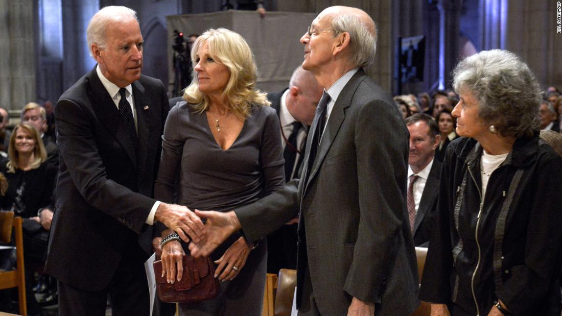 Vice President Joe Biden greets Breyer as he arrives at the funeral services for Ben Bradlee, the former editor of the Washington Post, in October 2014.