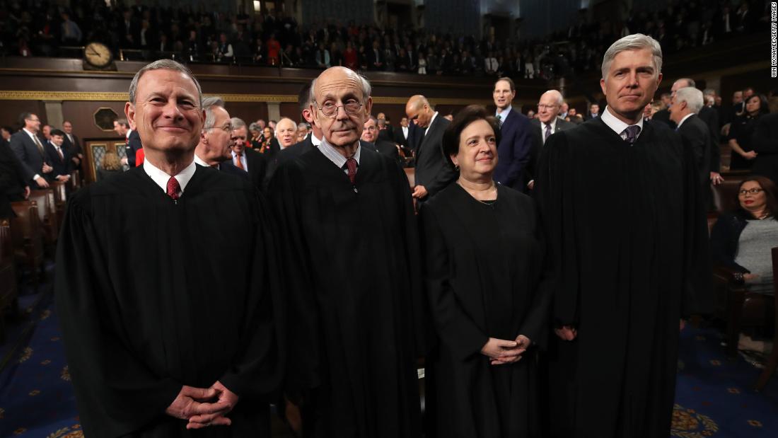 Breyer, second from left, attends the State of the Union address in January 2018. With Breyer, from left, are Chief Justice John Roberts and Justices Elena Kagan and Neil Gorsuch.