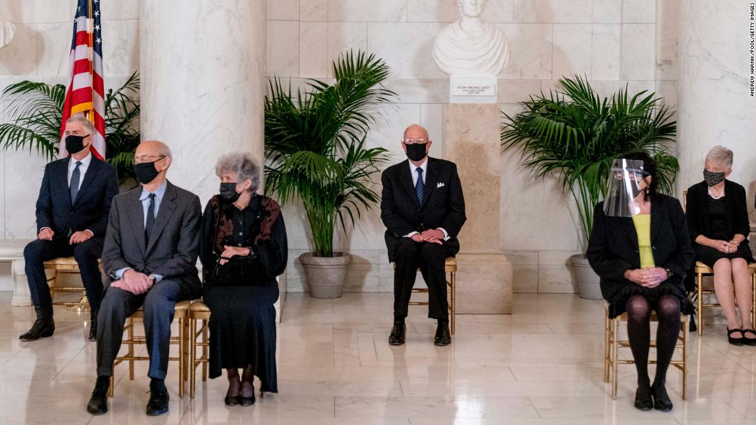 Breyer and his wife, Joanna, are seated together for a private ceremony honoring the late Ruth Bader Ginsburg in September 2020. Seated from left are Supreme Court Justice Neil Gorsuch, the Breyers, former Justice Anthony Kennedy, Justice Sonia Sotomayor and Maureen Scalia, the wife of late Justice Antonin Scalia.