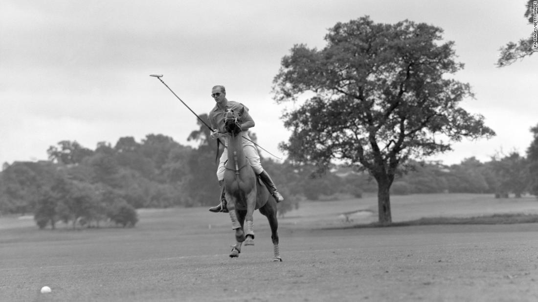 Prince Philip plays polo for Cowdray Park in the semi-finals of the Roehampton Cup in 1954.
