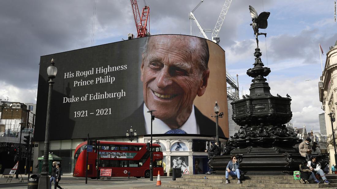 A Prince Philip tribute is projected onto a large screen at London&#39;s Piccadilly Circus.