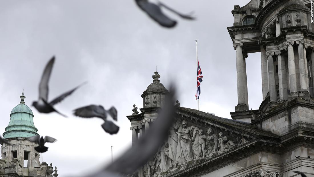 A flag flies at half-staff in Belfast, Northern Ireland.