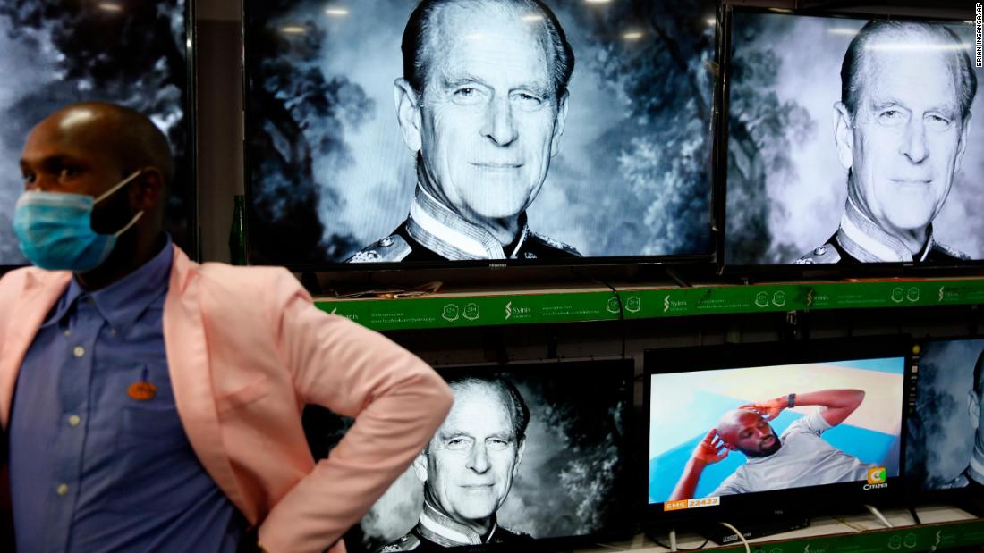 News of Philip&#39;s death can be seen on television screens at a shop in Nairobi, Kenya.