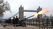 LONDON, UNITED KINGDOM - APRIL 10: The Honourable Artillery Company fire a gun salute at The Tower of London on April 10, 2021 in London, United Kingdom.  The Death Gun Salute will be fired at 1200 marking the death of His Royal Highness, The Prince Philip, Duke of Edinburgh. Across the country and the globe saluting batteries will fire 41 rounds, 1 round at the start of each minute, for 40 minutes. Gun salutes are customarily fired, both on land and at sea, as a sign of respect or welcome. The Chief of the Defence Staff, General Sir Nicholas Carter, said &quot;His Royal Highness has been a great friend, inspiration and role model for the Armed Forces and he will be sorely missed.&quot; (Photo by Chris Jackson/Getty Images)