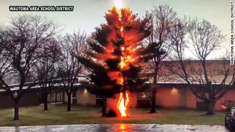 Video shows lightning strike tree outside of Wautoma High School in Wisconsin.