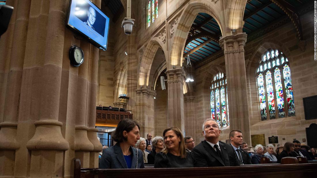 New South Wales Premier Gladys Berejiklian, left, sits with Australian Prime Minister Scott Morrison and Morrison&#39;s wife, Jenny, as they attend a special prayer service in Sydney to commemorate Prince Philip on Sunday, April 11.