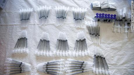 Syringes are prepared for doses of the Pfizer Covid-19 vaccine at a clinic on April 9, 2021 in Los Angeles, California.