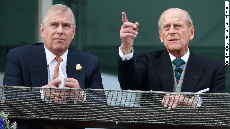 Prince Philip and Prince Andrew at Epsom Racecourse, England, in June 2016.