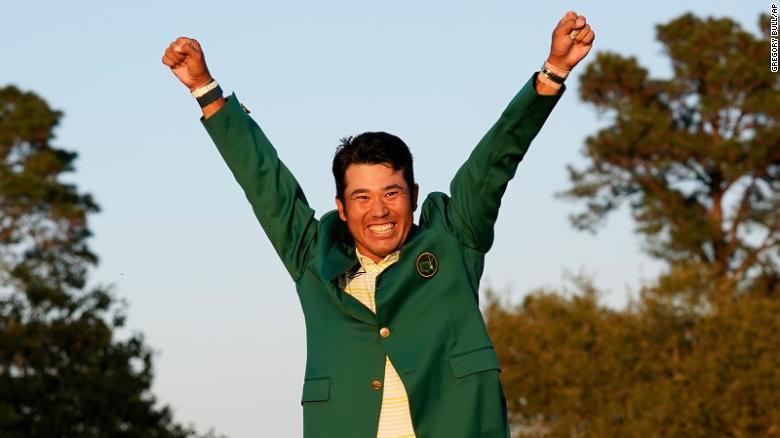 Hideki Matsuyama celebrates with the green jacket after winning the Masters golf tournament on Sunday, April 11. He finished one shot ahead of Will Zalatoris.
