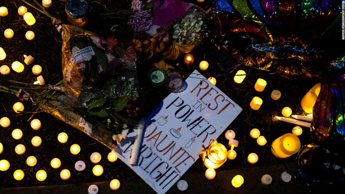 A memorial pays tribute to Daunte Wright in the neighborhood where he was shot and killed.