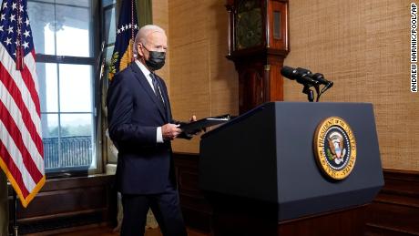 President Joe Biden arrives to speak from the Treaty Room in the White House on Wednesday, April 14, 2021, about the withdrawal of the remainder of U.S. troops from Afghanistan.