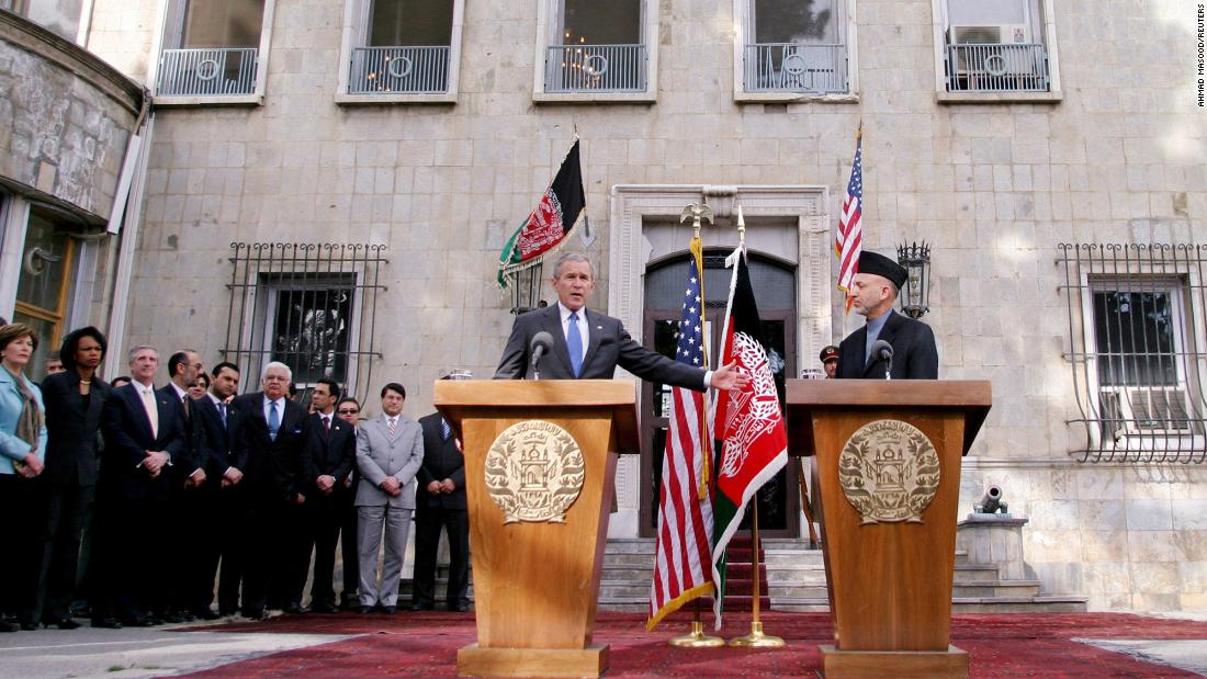 US President George W. Bush attends a news conference with Afghan President Hamid Karzai at the Presidential Palace in Kabul in March 2006. It was Bush's first visit to Afghanistan.