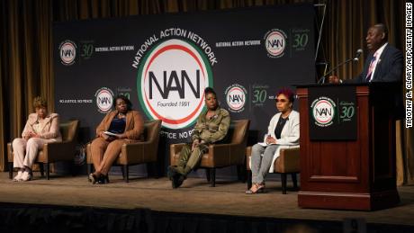 From left to right: Gwen Carr, mother of Eric Garner; Sequette Clark, mother of Stephon Clark; Sybrina Fulton, mother of Trayvon Martin; Lesley McSpadden, mother of Michael Brown; and attorney Benjamin Crump speak Wednesday at the National Action Network’s (NAN) Virtual Convention 2021 in New York.