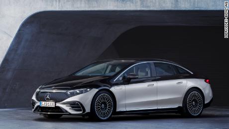 The front &quot;grille&quot; of the Mercedes EQS is actually a solid dark panel with a pattern of three-dimensional three-pointed stars.