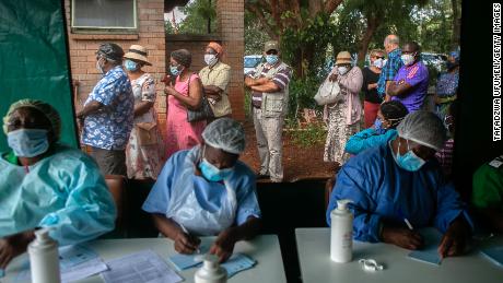 Elderly people queue for the Sinopharm vaccine at a local hospital on March 29 in Harare, Zimbabwe.