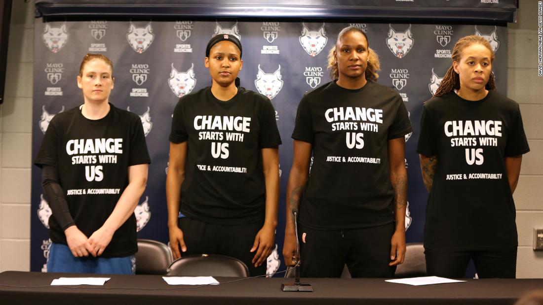 In July 2016 -- a month before Colin Kaepernick first drew attention by not standing for the US national anthem -- members of the reigning WNBA champion the Minnesota Lynx protested before a game against the Dallas Wings wearing T-shirts with the words on the front: &quot;Change starts with us. Justice &amp;amp; accountability.&quot; On the back were the names Alton Sterling and Philando Castile, two Black men killed by police that month, and the phrase &quot;Black Lives Matter.&quot; Lindsay Whalen, Maya Moore, Rebekkah Brunson, and Seimone Augustus are pictured in this photo.