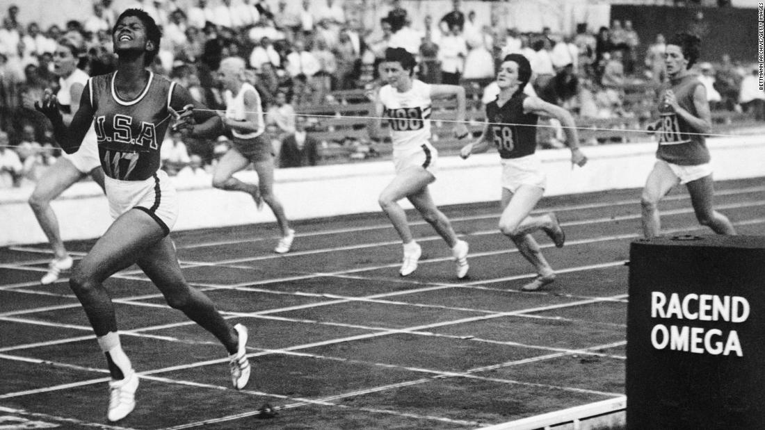Wilma Rudolph, the sprinter who became an international star as the first American woman to win three gold medals in a single Olympics -- the 100m, 200m, and 4x100m relay at the 1960 Rome Games -- returned to the US a champion and used her new found platform to advocate for the integration of pools and parks in in her hometown of Clarksville, Tennessee. Rudolph is pictured crossing the finish line in a women&#39;s sprint event at the 1960 Rome Olympics.