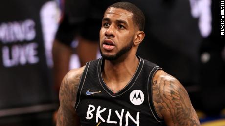 Nets&#39; LaMarcus Aldridge watches his shot during his last game in the NBA, against the LA Lakers.