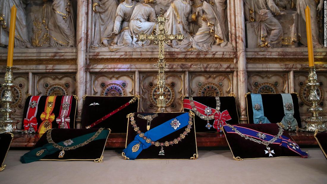 Prince Philip&#39;s insignia is seen on the altar at St. George&#39;s Chapel.