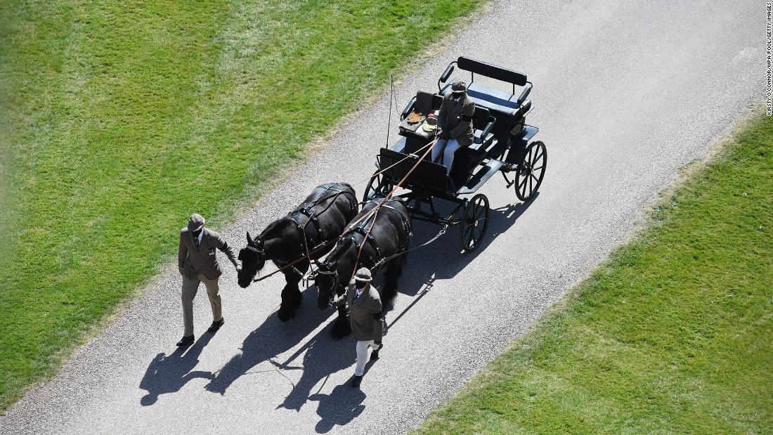 Balmoral Nevis and Notlaw Storm, the Fell ponies that belonged to Prince Philip, are led through the grounds of Windsor Castle before the funeral.