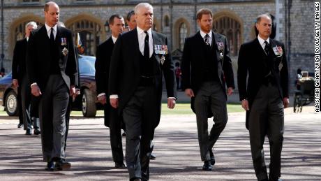 Prince William, Prince Andrew, Prince Harry and Prince Edward walk together before the funeral of Prince Philip.