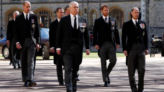 Prince Edward joins other senior royals to walk behind his father's coffin at the funeral of the Duke of Edinburgh in April.