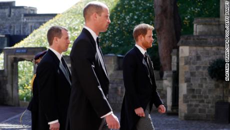 From left, Philip&#39;s grandsons Peter Phillips, Prince William and Prince Harry take part in the funeral procession.